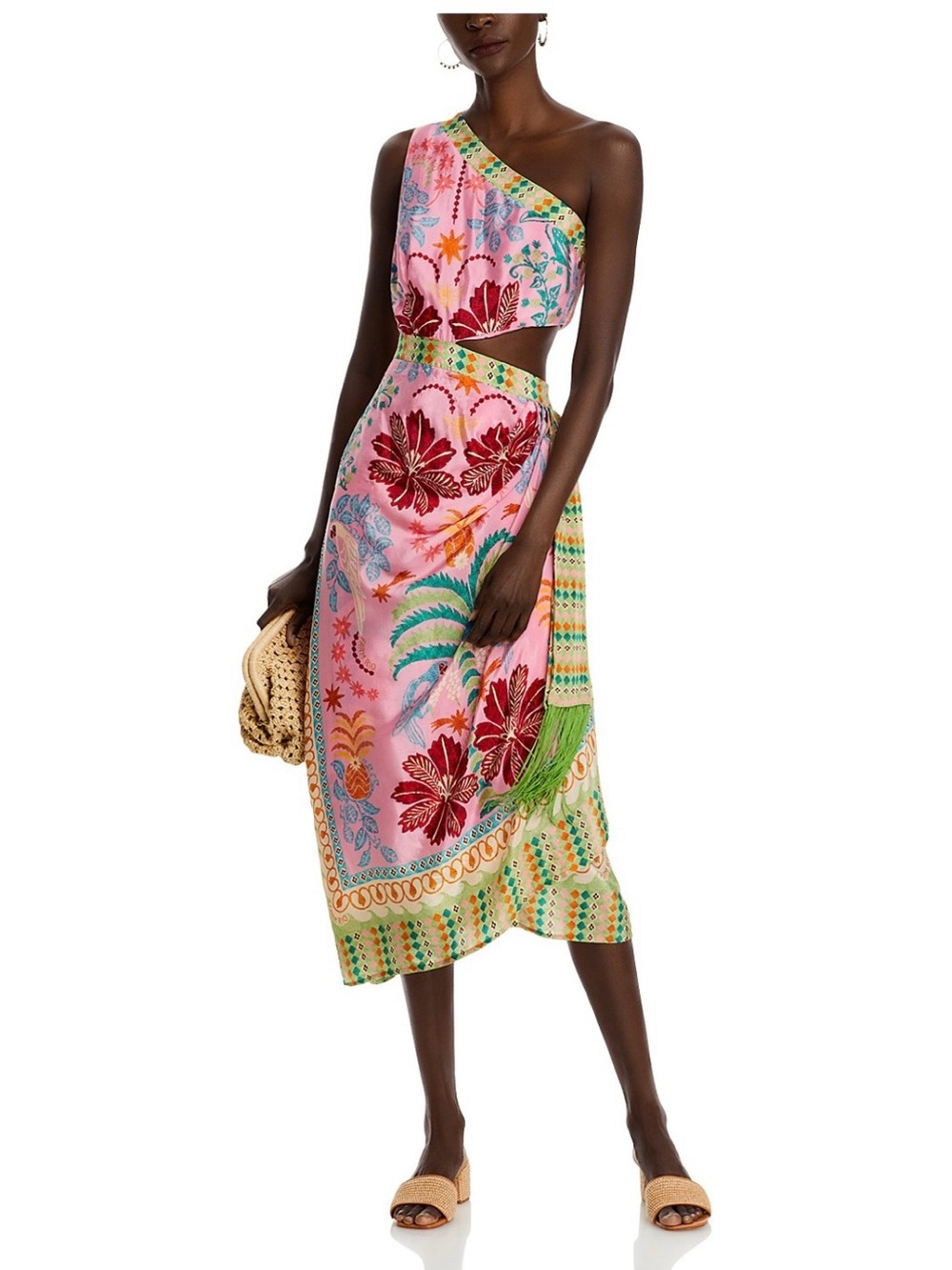 FARM Rio Fruits Queen Scarf One Shoulder Midi Dress, Pink/Green, NWT